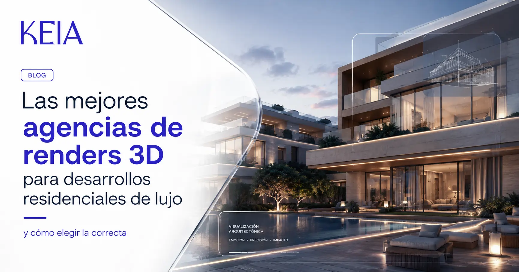 Render arquitectónico de una residencia de lujo al atardecer con alberca, sobre una interfaz de visualización arquitectónica de KEIA