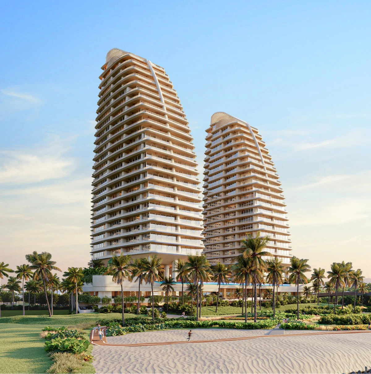 Render arquitectónico de dos torres residenciales frente al mar
