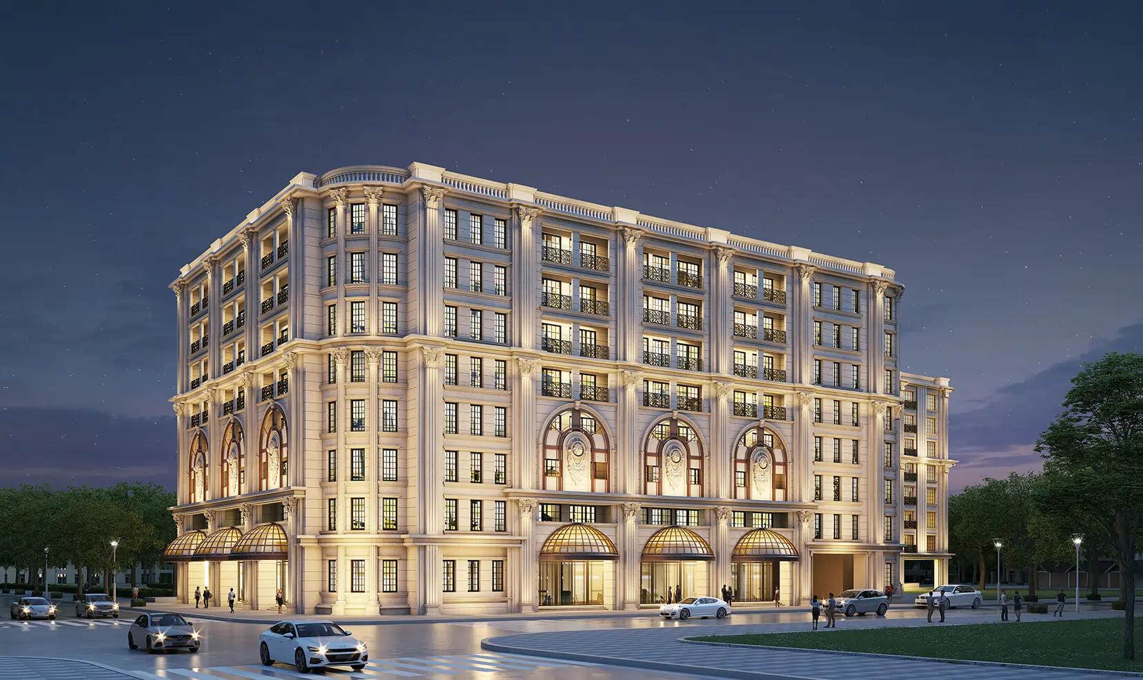 Render exterior de un edificio iluminado al atardecer