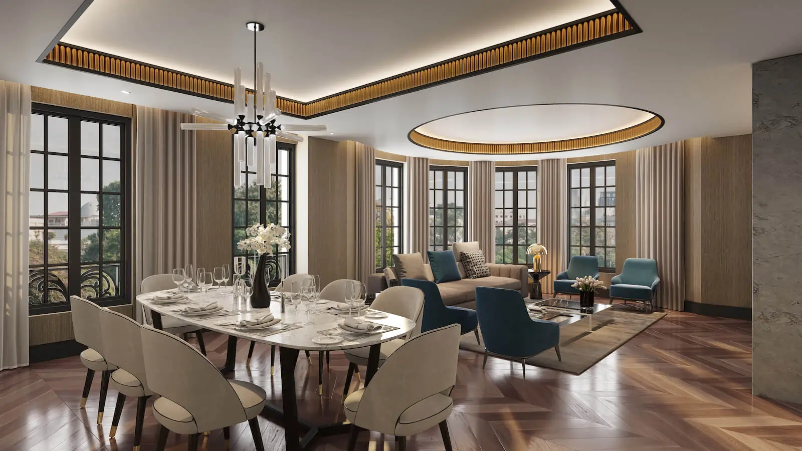 Render interior de un salón comedor de lujo