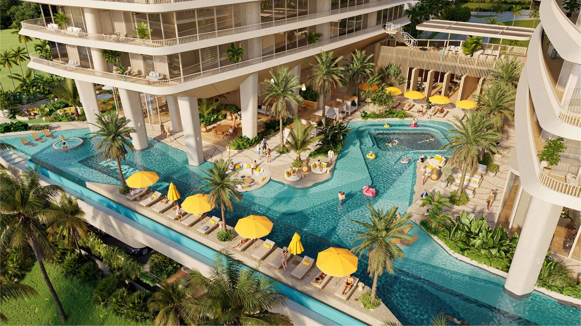 Render de una amenidad de alberca rodeada de vegetación en un desarrollo residencial