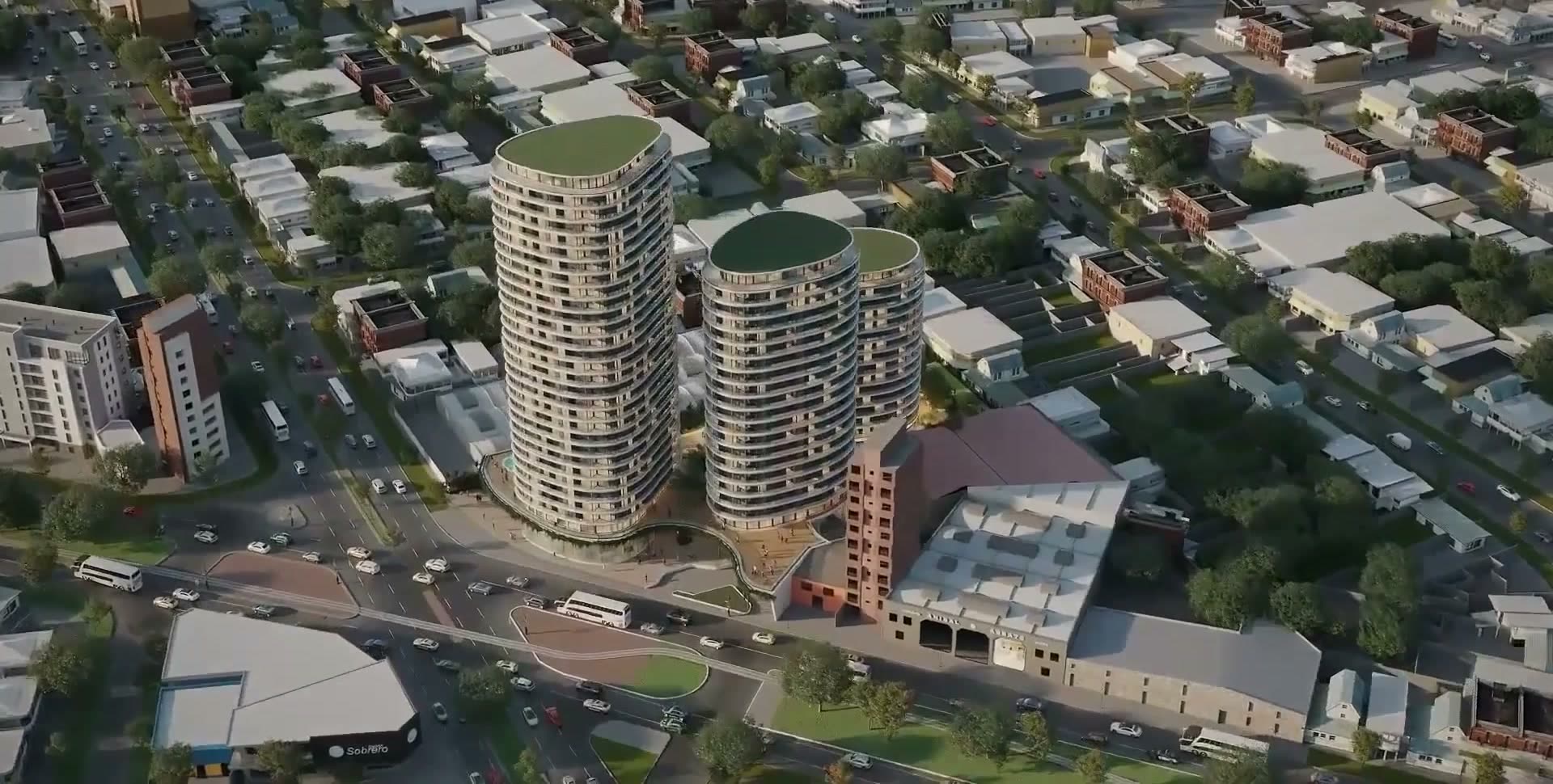 Vista aérea de una torre residencial en preventa dentro de una experiencia digital navegable