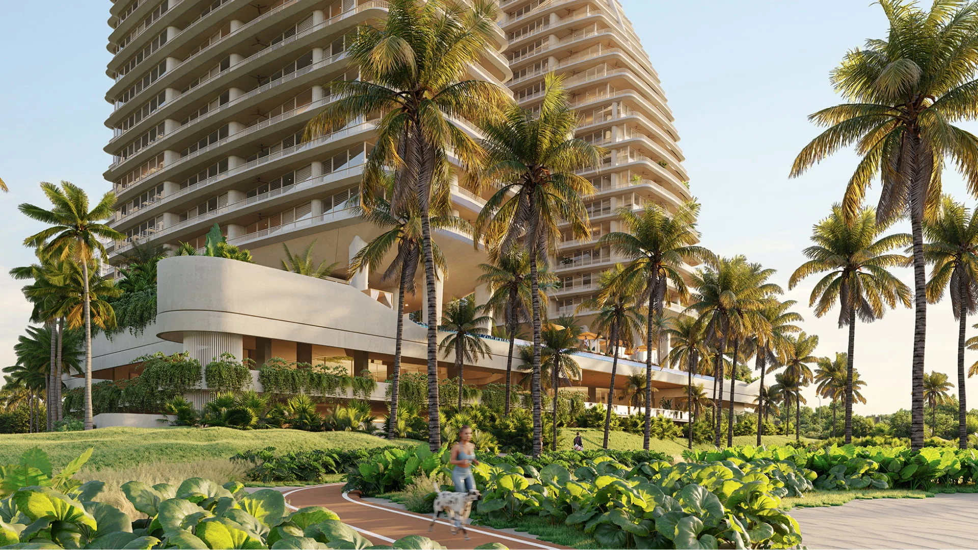 Vista aérea de un desarrollo residencial con amenidades, presentado como experiencia interactiva de preventa