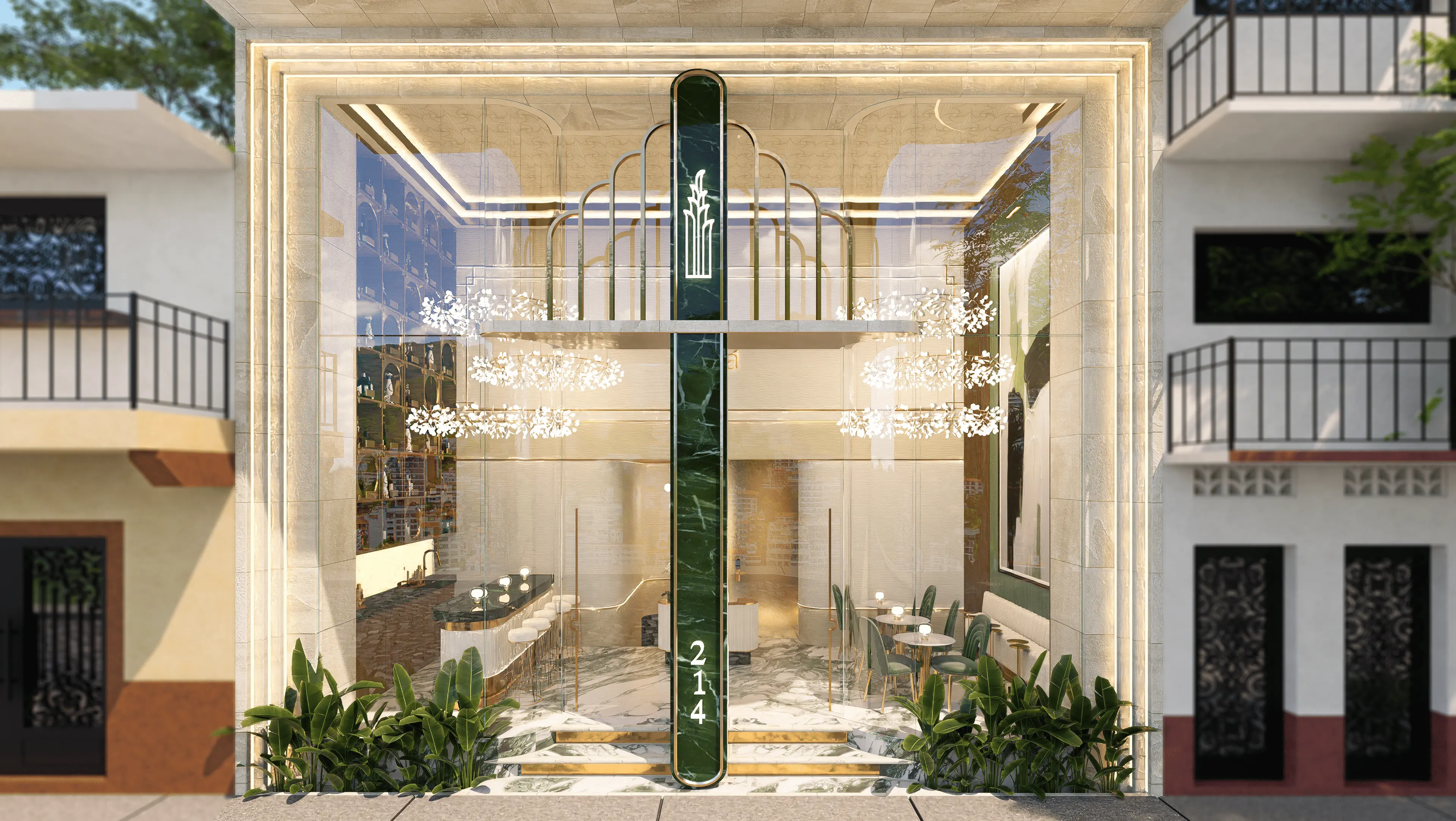 Render hiperrealista de la entrada de un desarrollo residencial en preventa, vista a nivel calle