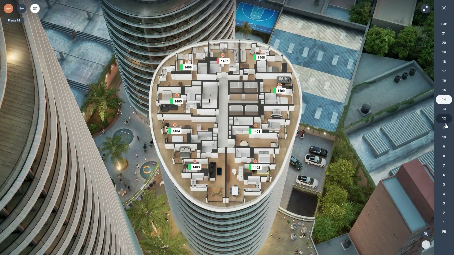 Vista previa de la plataforma KEIA mostrando el explorador de plantas de una torre residencial